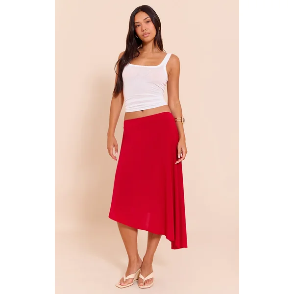 Red Asymmetric Hem Slinky Midi Skirt