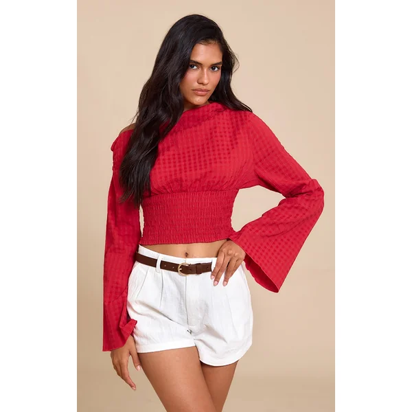 Red Asymmetric Ruched Detail Top