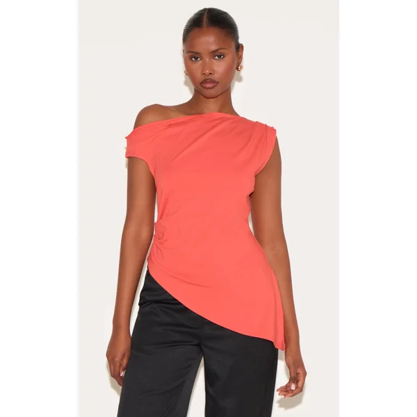 Red Asymmetric Shoulder Extreme Longline Top