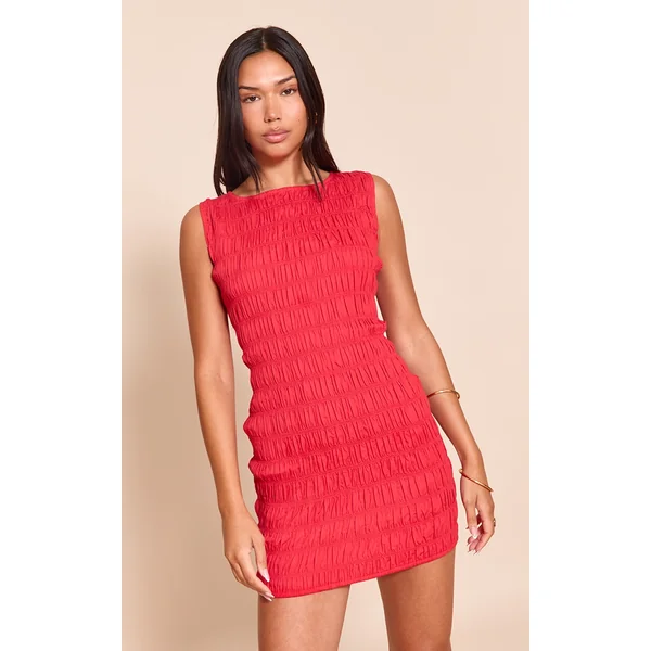 Red Boat Neck Shirred Bodycon Dress