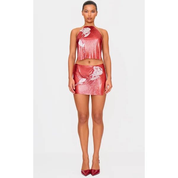 Red Chain Mail Rose Diamante Micro Mini Skirt