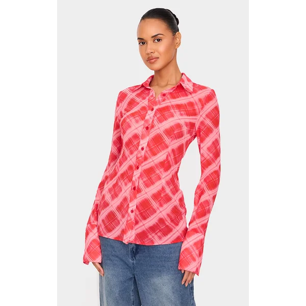 Red Check Print Chiffon Fitted Shirt