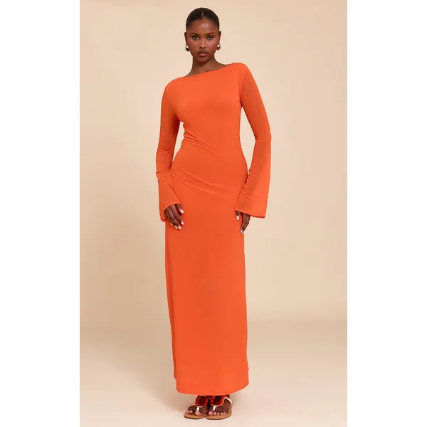 Red Chiffon Boat Neck Long Sleeve Maxi Dress