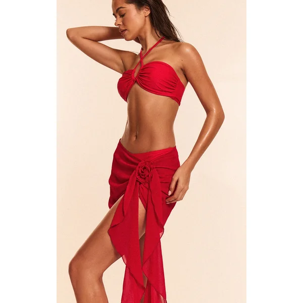 Red Chiffon Flower Detail Drape Beach Skirt