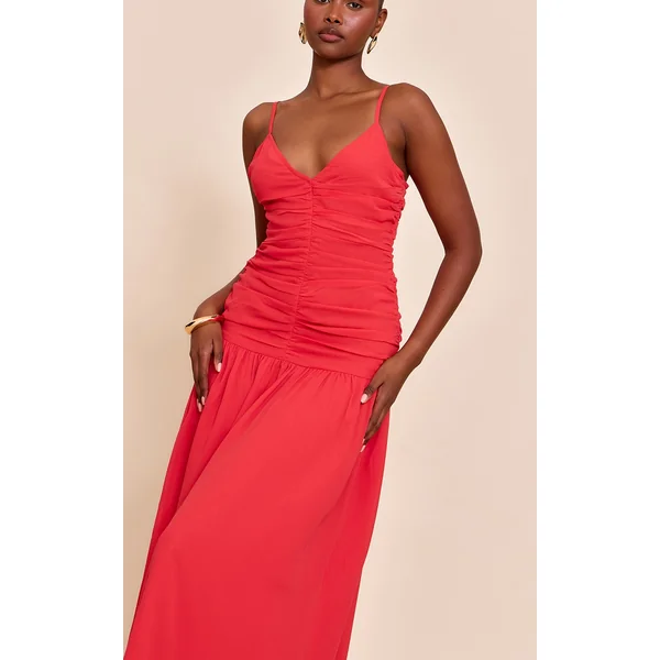 Red Chiffon Ruched Dropped Waist Maxi Dress