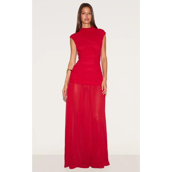 Red Chiffon Ruched Dropped Waist Sleeveless Maxi Dress