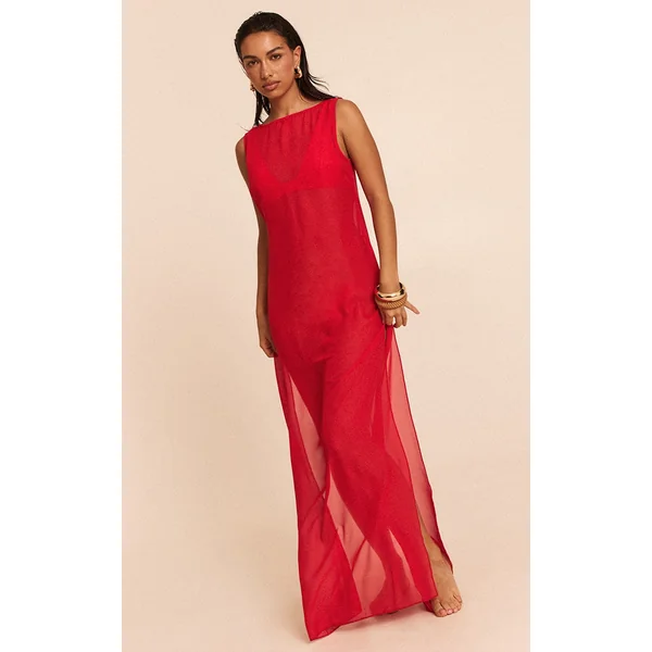 Red Chiffon Sleeveless Beach Maxi Dress