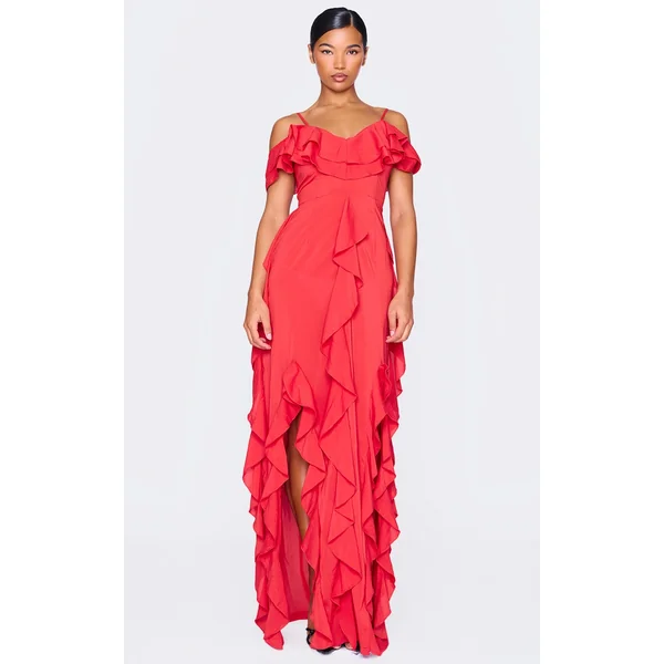 Red Cold Shoulder Ruffle Detail Maxi Dress