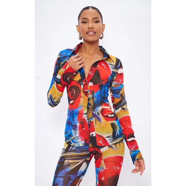 Red Collage Printed Chiffon Shirt