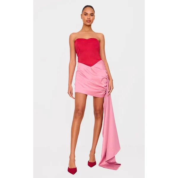 Red Contrast Corset Bandeau Drape Bodycon Dress