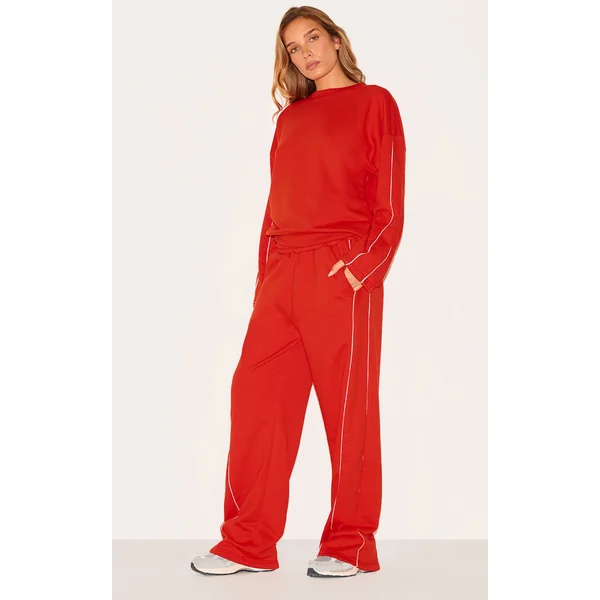 Red Contrast Piping Detail Wide Leg Sweatpants