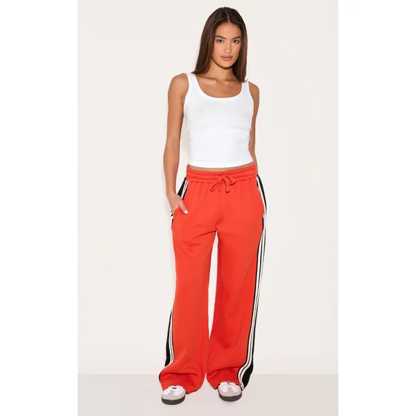 Red Contrast Stripe Detail Wide Leg Sweatpants