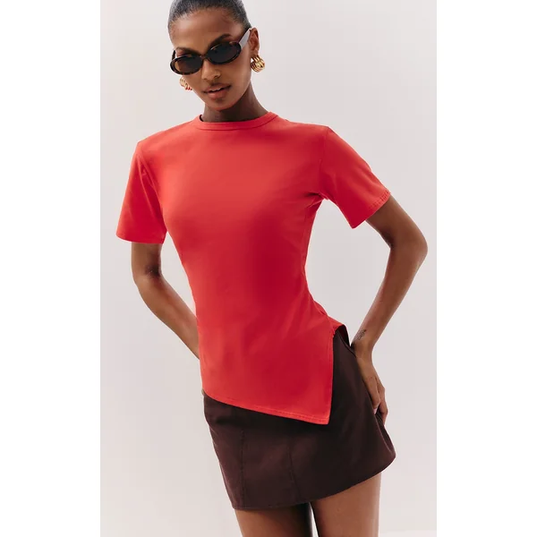 Red Cotton Ruched Side Asymmetric Hem T-shirt
