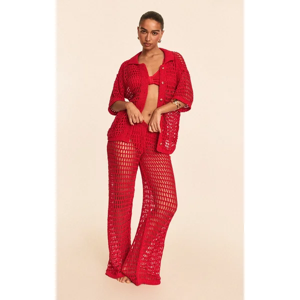 Red Crochet Beach Wide Leg Pants