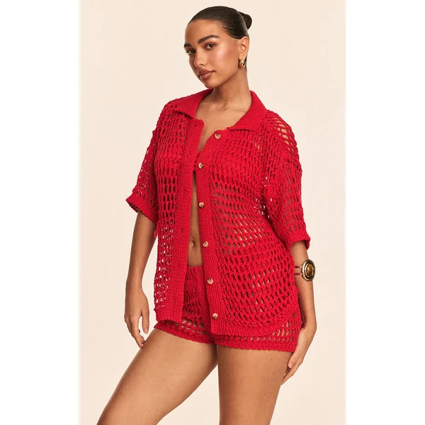 Red Crochet Short Sleeve Beach Shirt