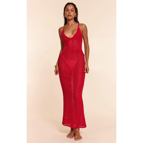 Red Crochet Strappy Maxi Beach Dress