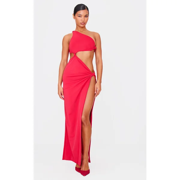 Red Double Layer Matte Cut Out Knot Detail Maxi Dress
