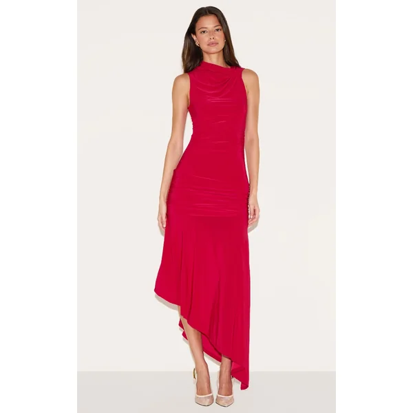 Red Double Layer Slinky Asymmetrical Ruched Midaxi Dress