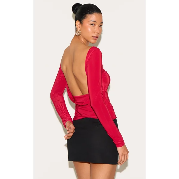 Red Double Layer Slinky Cowl Back Long Sleeve Top