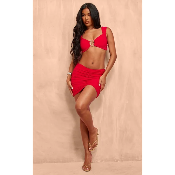 Red Double Layer Slinky Dipped Hem Mini Skirt