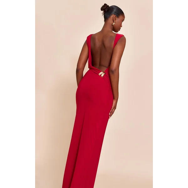 Red Double Layer Slinky Low Back Trim Detail Maxi Dress