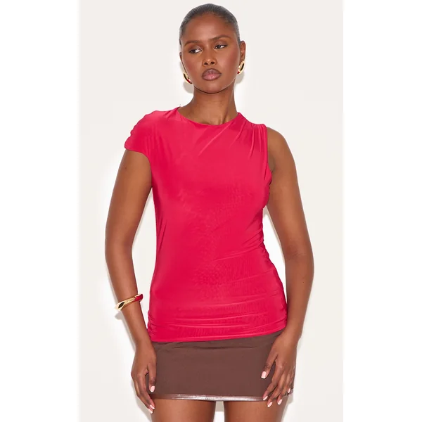 Red Double Layer Slinky Ruched Detail Longline Top
