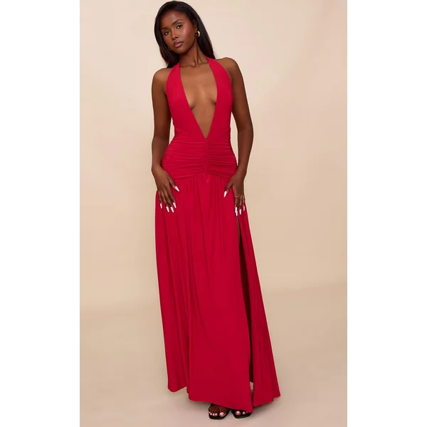 Red Double Layer Slinky Ruched Maxi