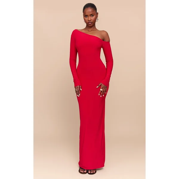 Red Double Slinky Asymmetric Neckline Maxi Dress