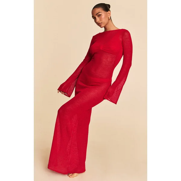 Red Filigree Knit Backless Maxi Beach Dress