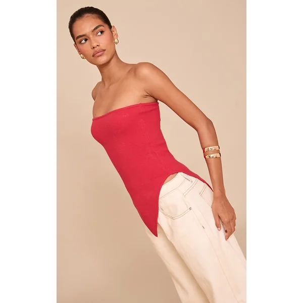 Red Fine Knit Bandeau Asymmetric Hem Top