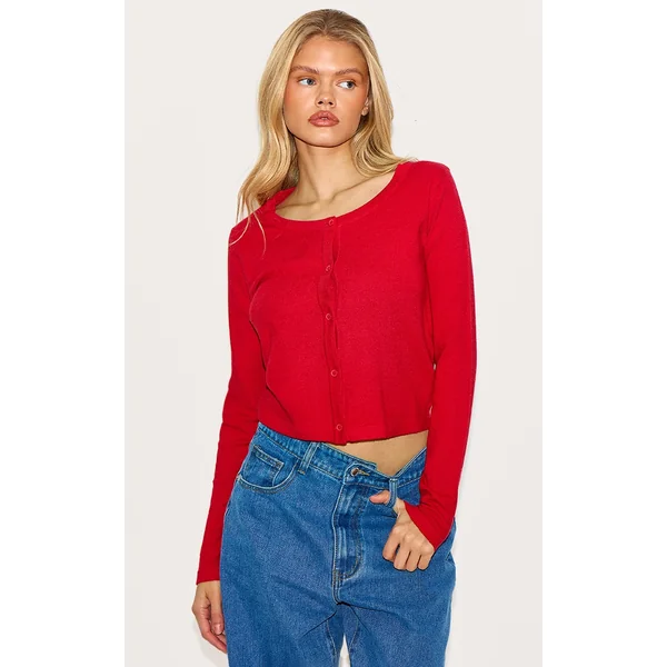 Red Fine Knit Button Up Cardigan