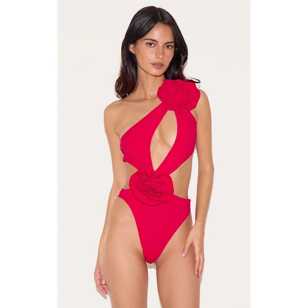Red Flower Detail Cut Out Asymmetric Swimsuit