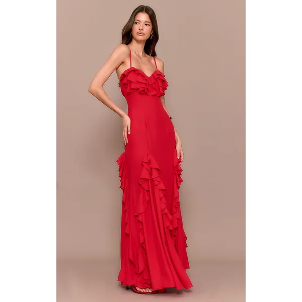 Red Frill Cup Detail Maxi Dress