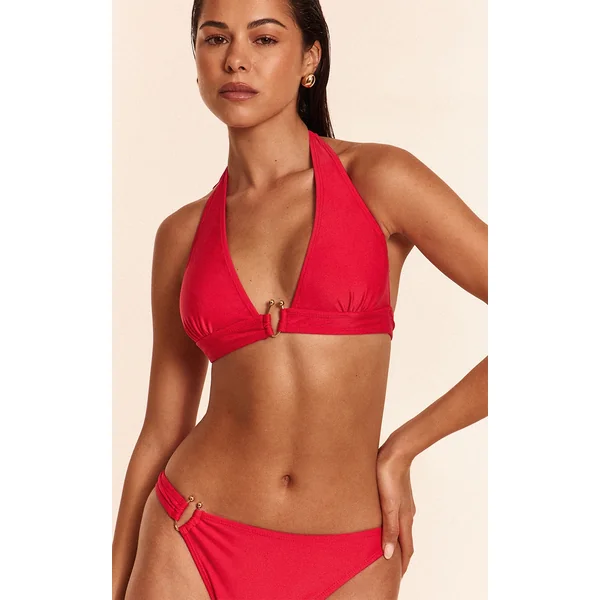 Red Gold Trim Halter Neck Triangle Bikini Top