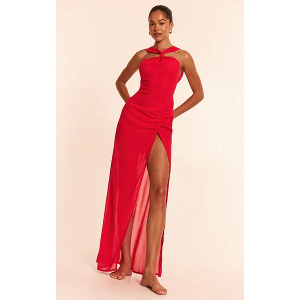 Red Halter Neck Chiffon Maxi Beach Dress