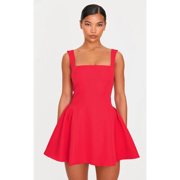 Red Hip Pleated Shift Dress