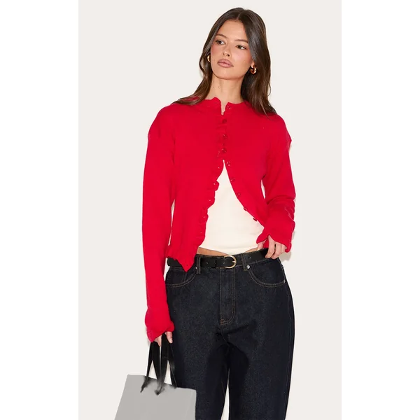 Red Knit Ruffle Detail Cardigan