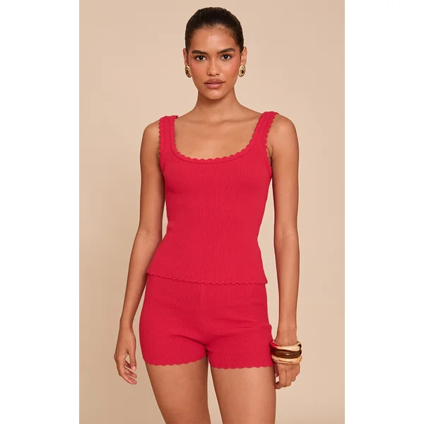 Red Knitted Scallop Edge High Waisted Shorts