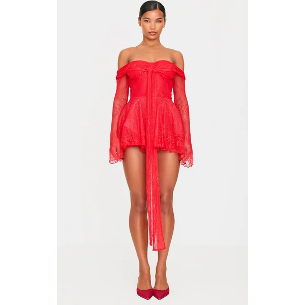 Red Lace Bardot Tie Front Romper