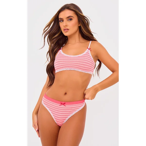 Red Lace Trim Textured Stripe Bralette And Thong Lingerie Set