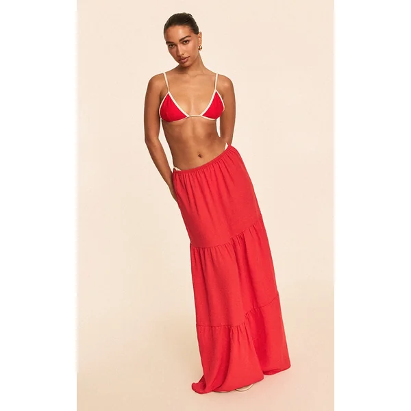 Red Linen Look Tiered Maxi Beach Skirt