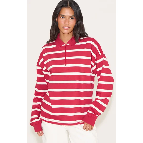 Red Loopback Sweat Stripe Quarter Zip Sweatshirt