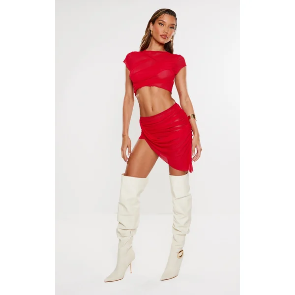 Red Mesh Asymmetric Drape Panel Mini Skirt
