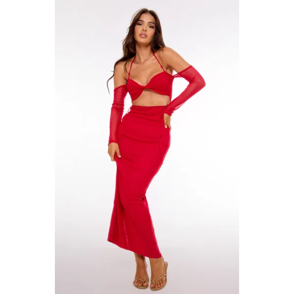 Red Mesh Cut Out Twist Detail Maxi Dress