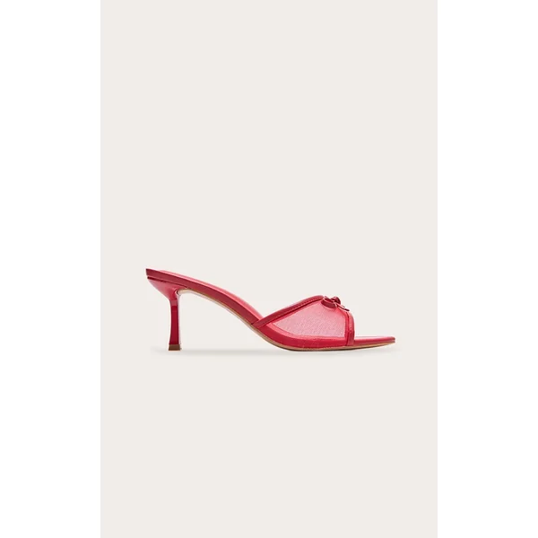 Red Mesh Round Toe Bow Strap Mid Heeled Mules