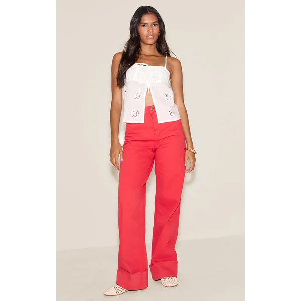 Red Mid Rise Wide Leg Jean