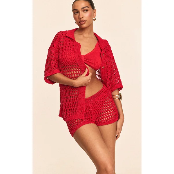 Red Mini Crochet Beach Shorts