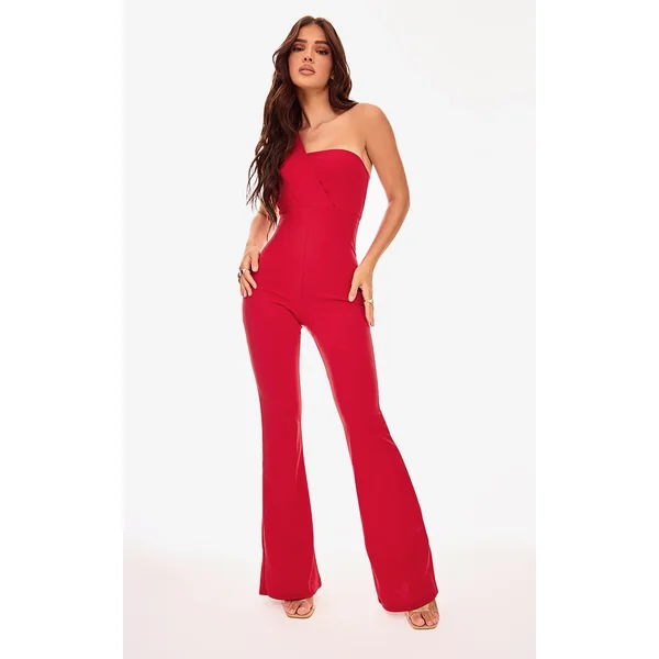 Red One Shoulder Drape Detailed Jumpsuit