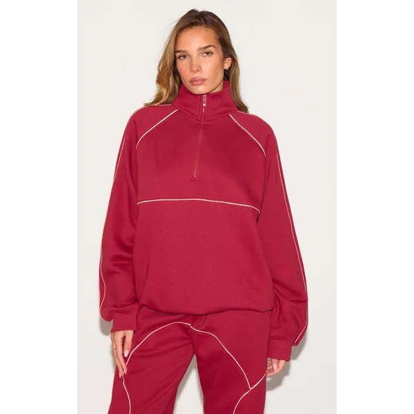 Red Oversized Contrast Piping Quarter Zip Sweatshirt