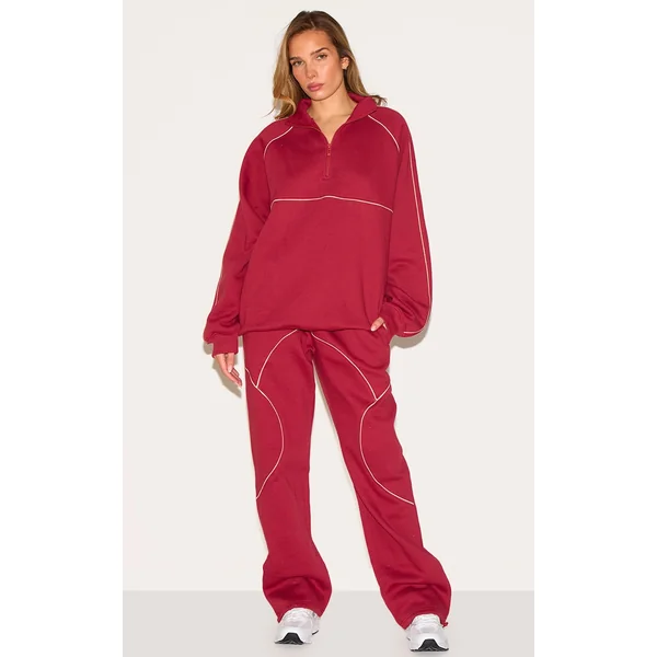 Red Oversized Contrast Piping Straight Leg Sweatpants